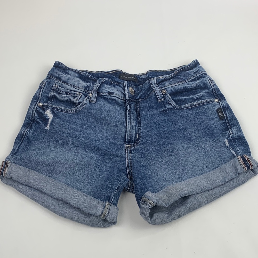Silver Jeans Boyfriend Blue Jean Shorts Size 26 Stretch Rolled Hem Medium wash